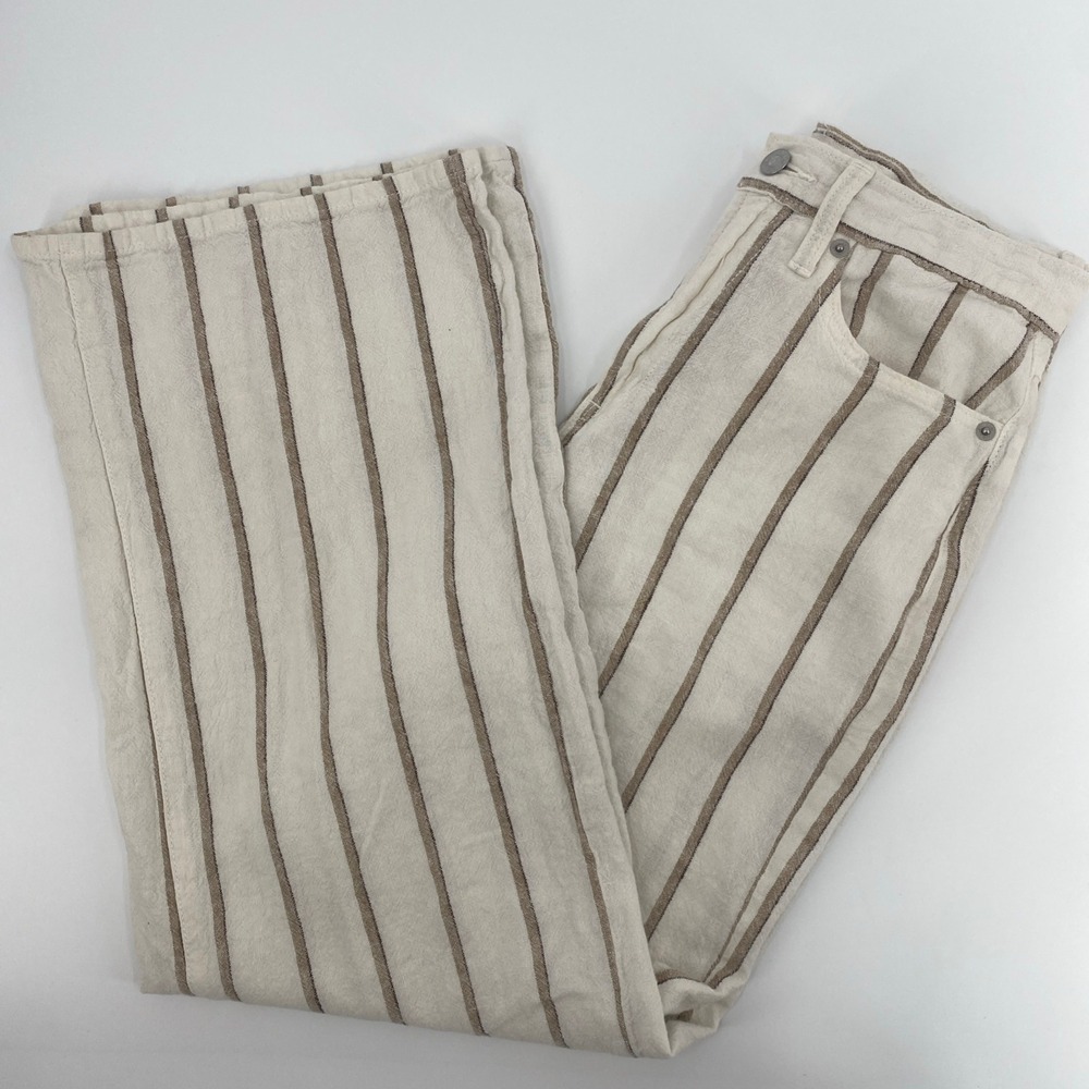 GAP Pull On Wide Leg Pant Womens 4 Beige Striped Linen Blend Coastal Summer